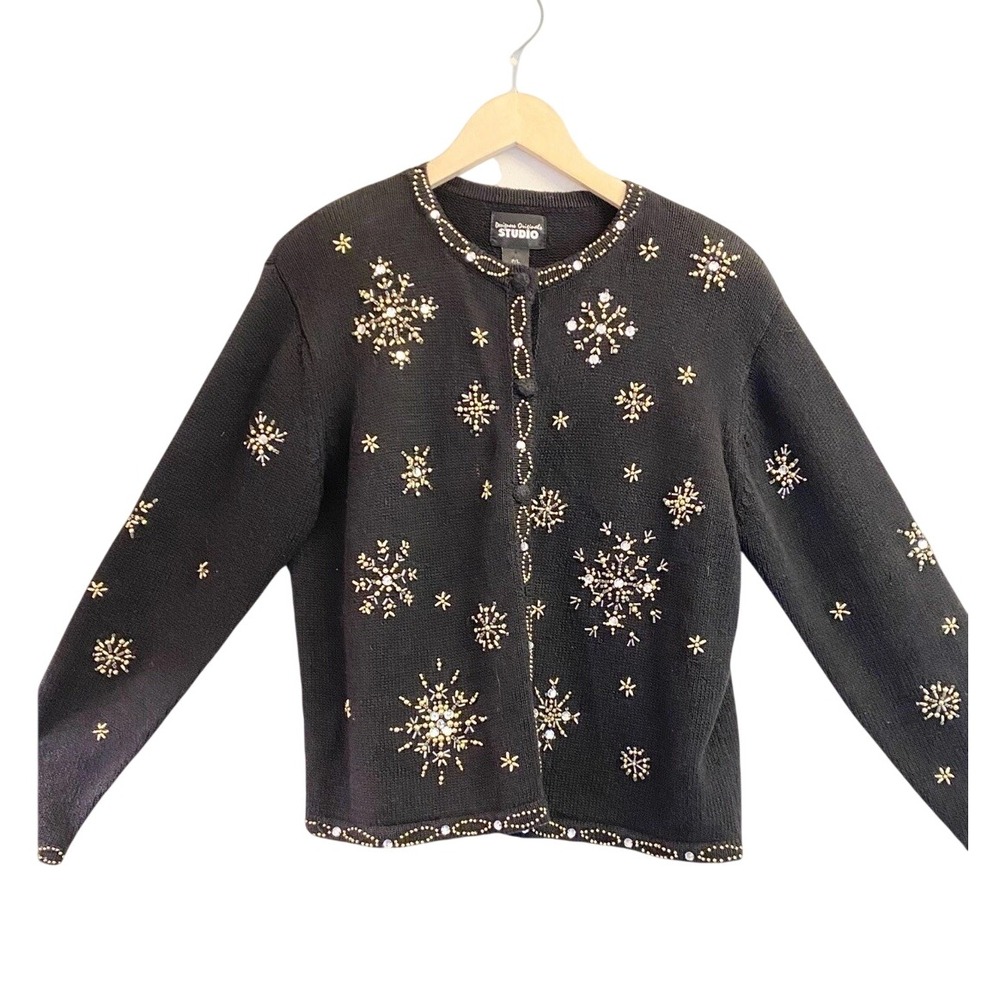 Designers Originals Women's‎ Petite Large Black Sweater Gold Beaded Snowflakes
